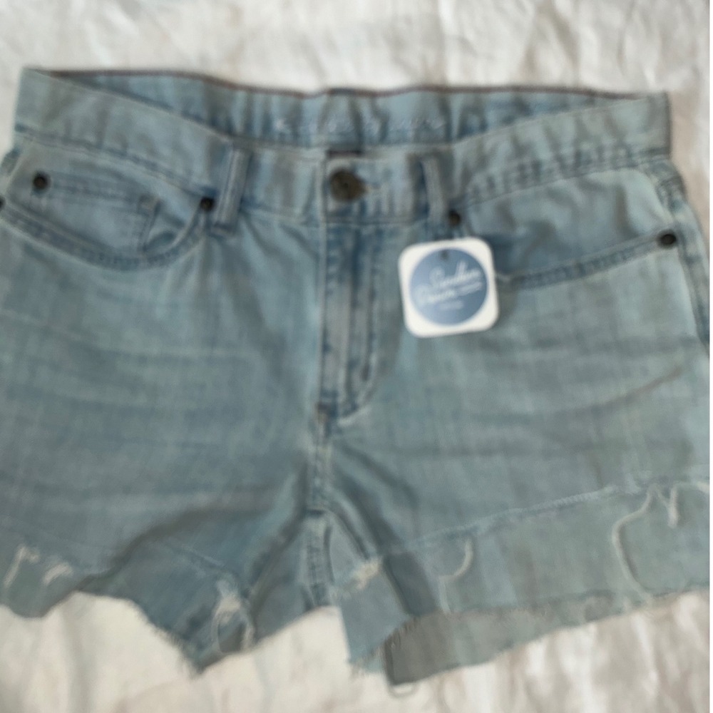 Eddie Bauer Denim Shorts Women 2 Light Wash Rainbow Painted Raw Hem Slim Fit
